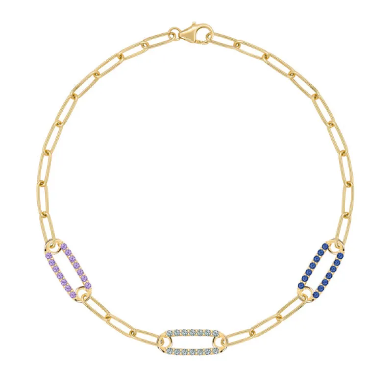 Personalized Adelaide 3 Pavé Birthstone Link Bracelet in 14k Gold sold by Haverhill