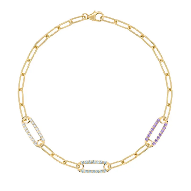 Personalized Adelaide 3 Pavé Birthstone Link Bracelet in 14k Gold sold by Haverhill