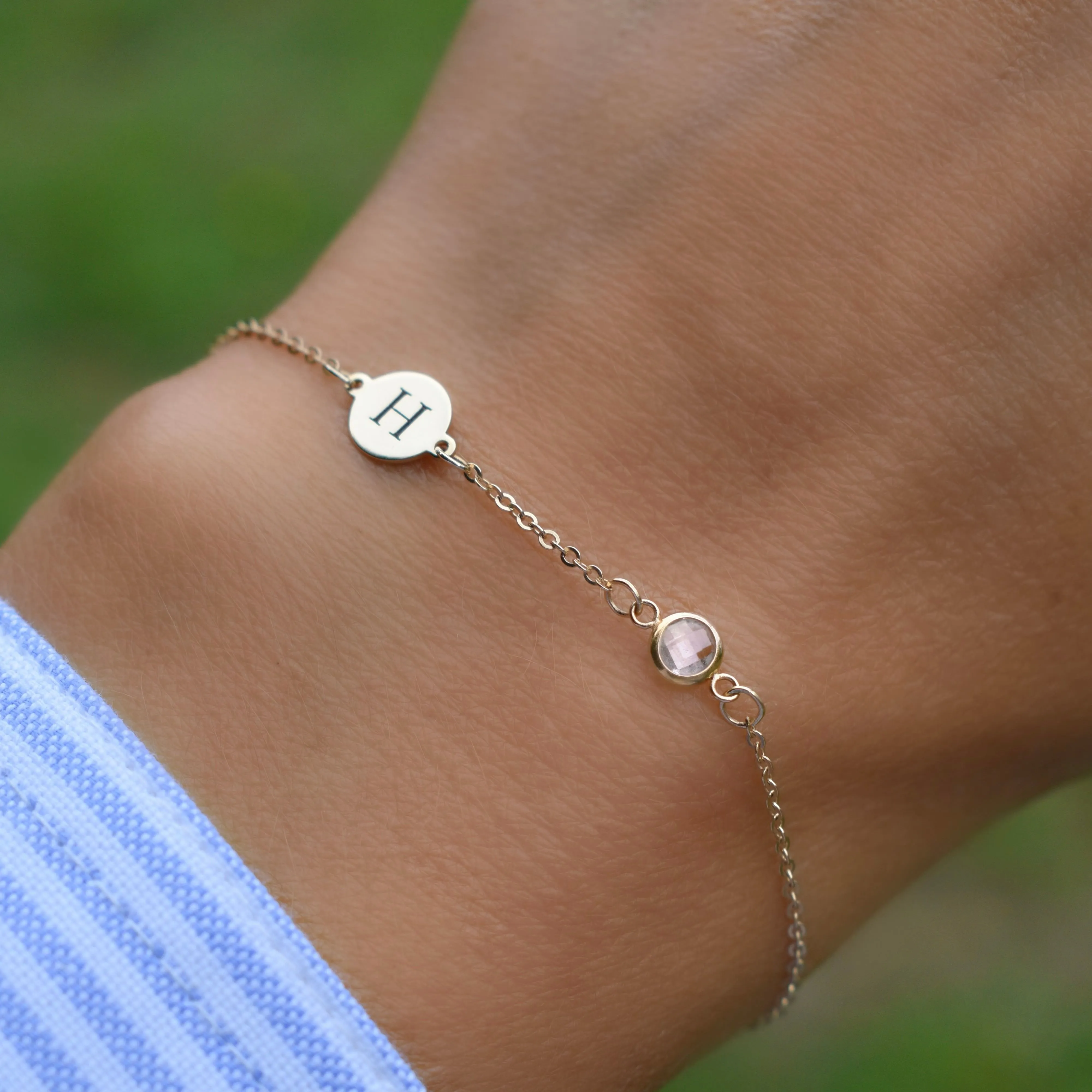 Personalized Classic 1 Letter & 1 Moonstone Bracelet in 14k Gold (June) sold by Haverhill product image thumbnail 3