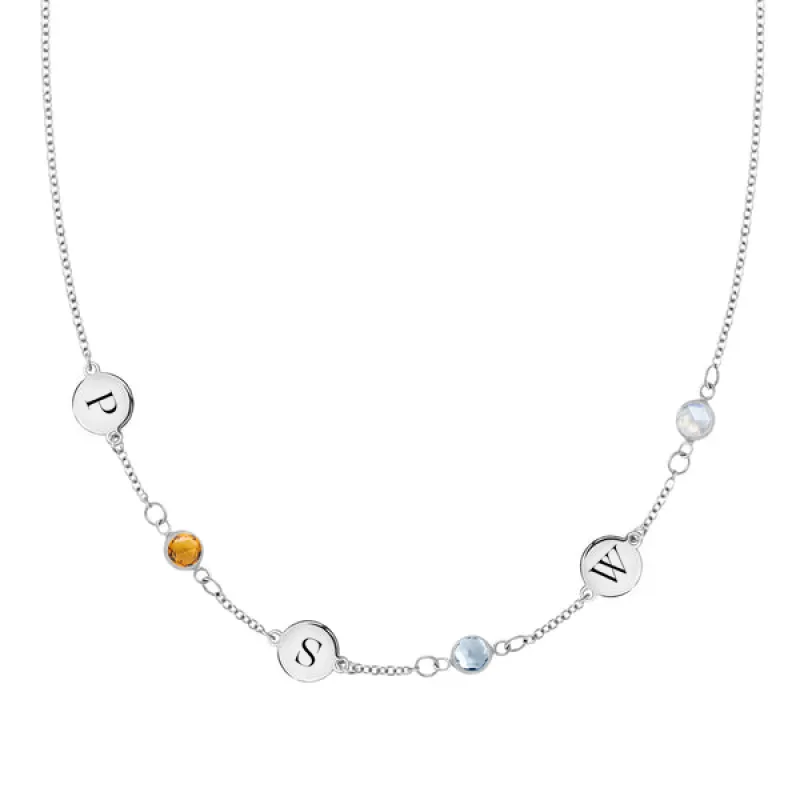 Personalized Classic 3 Letter & 3 Birthstone Necklace in 14k Gold (Single Spacing) sold by Haverhill