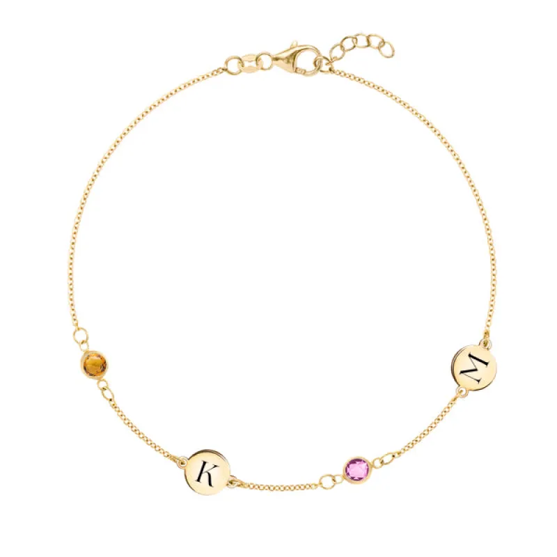 Personalized Classic 2 Letter & 2 Birthstone Bracelet in 14k Gold sold by Haverhill
