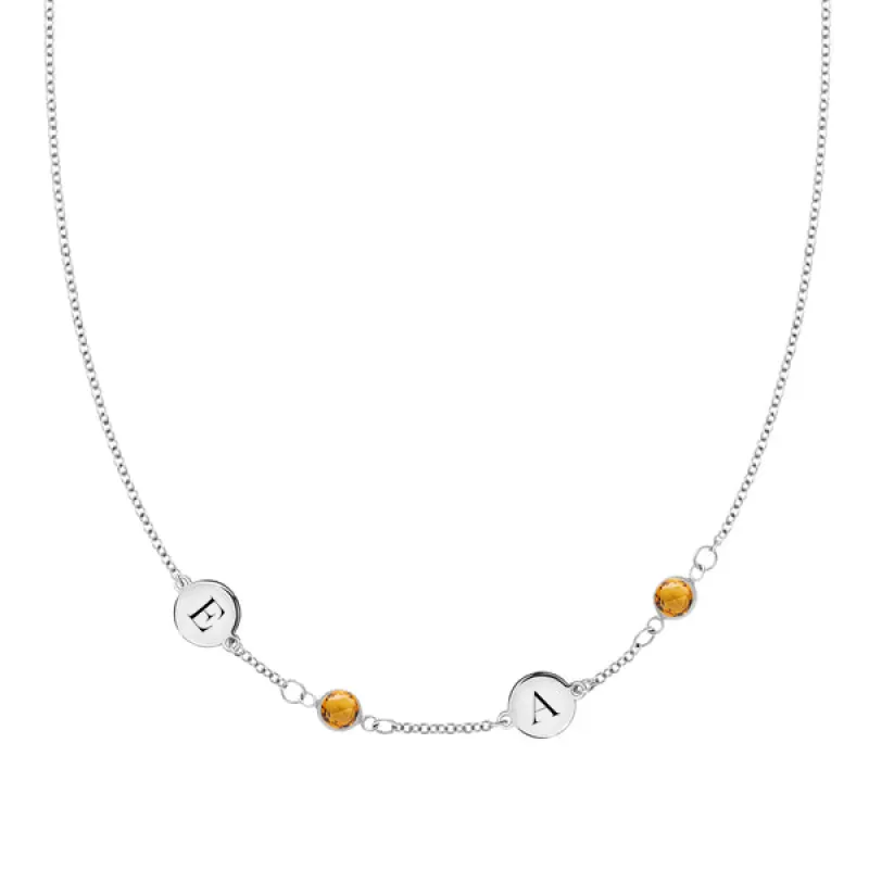 Personalized Classic 2 Letter & 2 Birthstone Necklace in 14k Gold (Single Spacing) sold by Haverhill
