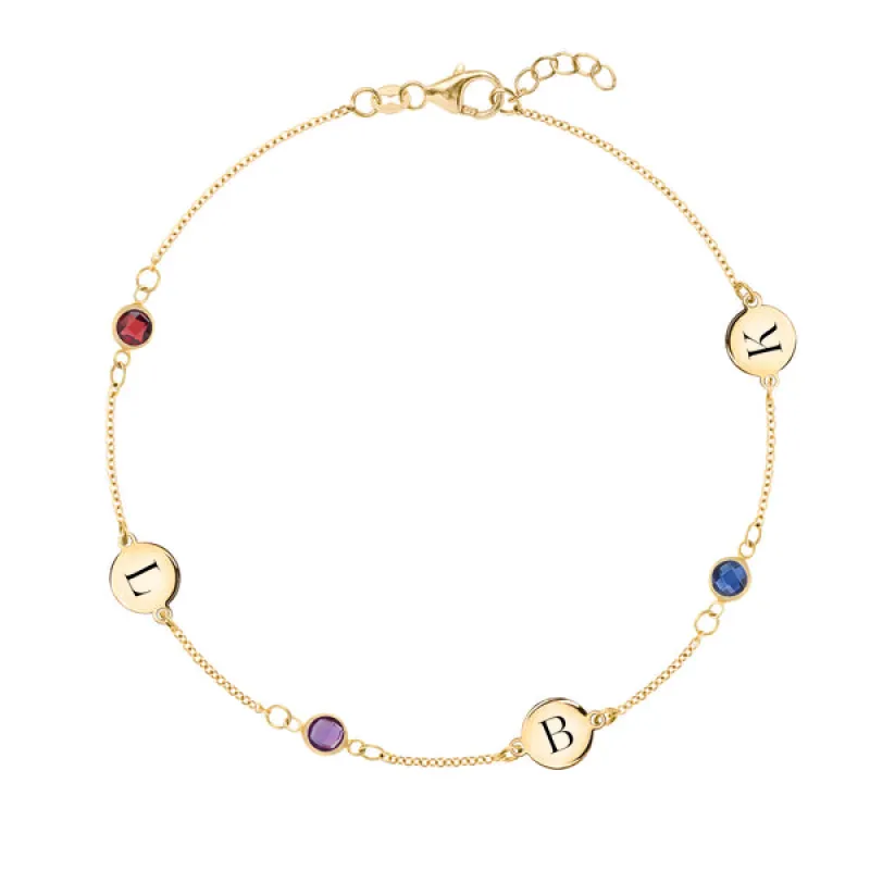Personalized Classic 3 Letter & 3 Birthstone Bracelet in 14k Gold sold by Haverhill