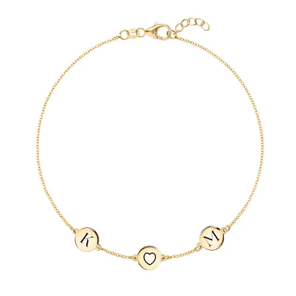 Personalized Heart Disc & 2 Letter Bracelet in 14k Gold sold by Haverhill