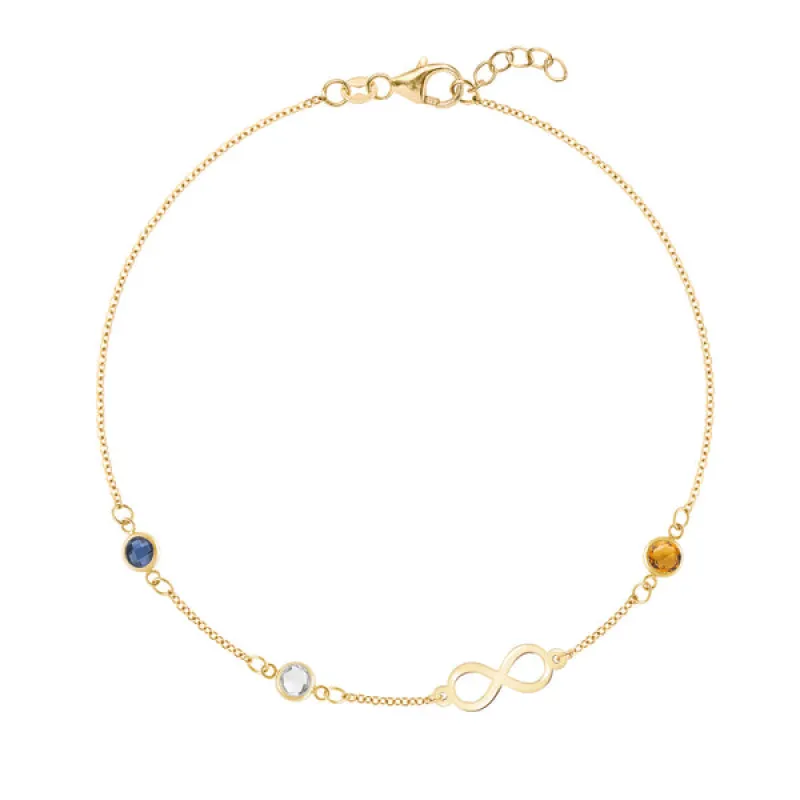 Personalized Classic Infinity & 3 Birthstone Bracelet in 14k Gold sold by Haverhill