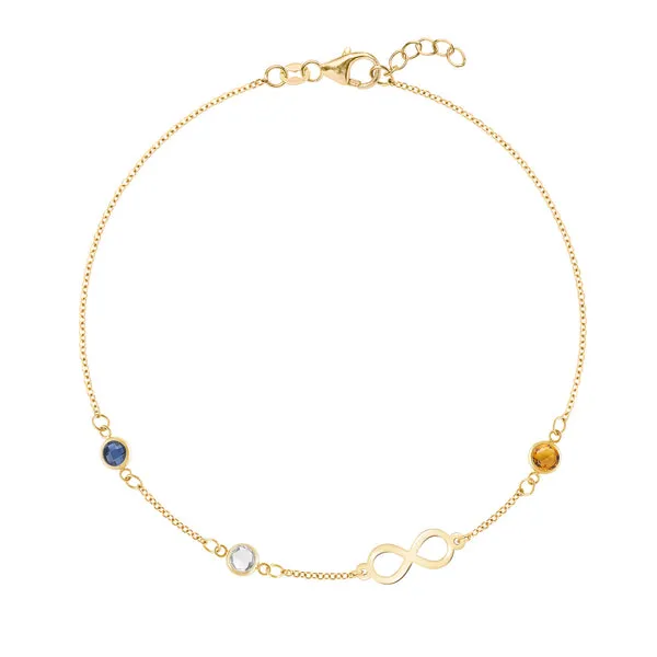 Personalized Classic Infinity & 3 Birthstone Bracelet in 14k Gold sold by Haverhill