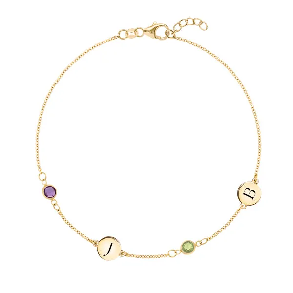 Personalized Classic 2 Letter & 2 Birthstone Bracelet in 14k Gold sold by Haverhill