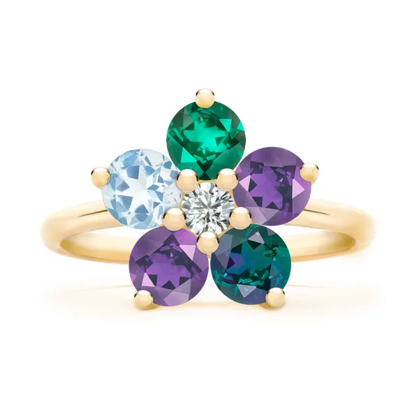Personalized Greenwich Flower Birthstone & Diamond Ring in 14k Gold sold by Haverhill