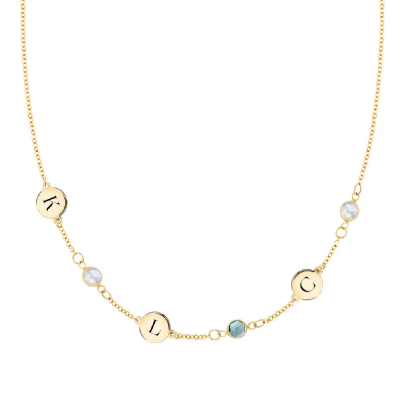 Personalized Classic 3 Letter & 3 Birthstone Necklace in 14k Gold (Single Spacing) sold by Haverhill