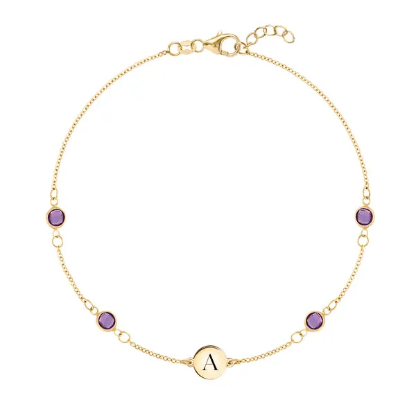 Personalized Classic 1 Letter & 4 Amethyst Bracelet in 14k Gold (February) sold by Haverhill