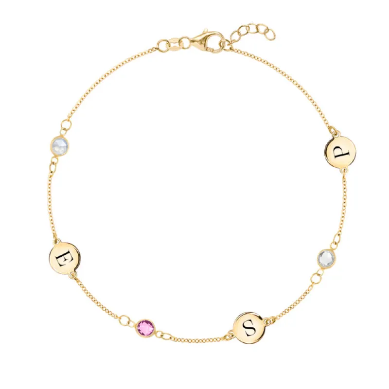 Personalized Classic 3 Letter & 3 Birthstone Bracelet in 14k Gold sold by Haverhill