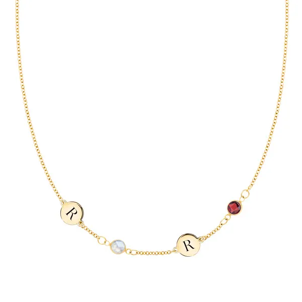 Personalized Classic 2 Letter & 2 Birthstone Necklace in 14k Gold (Single Spacing) sold by Haverhill