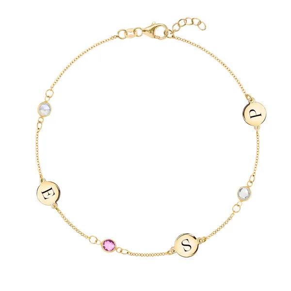 Personalized Classic 3 Letter & 3 Birthstone Bracelet in 14k Gold sold by Haverhill