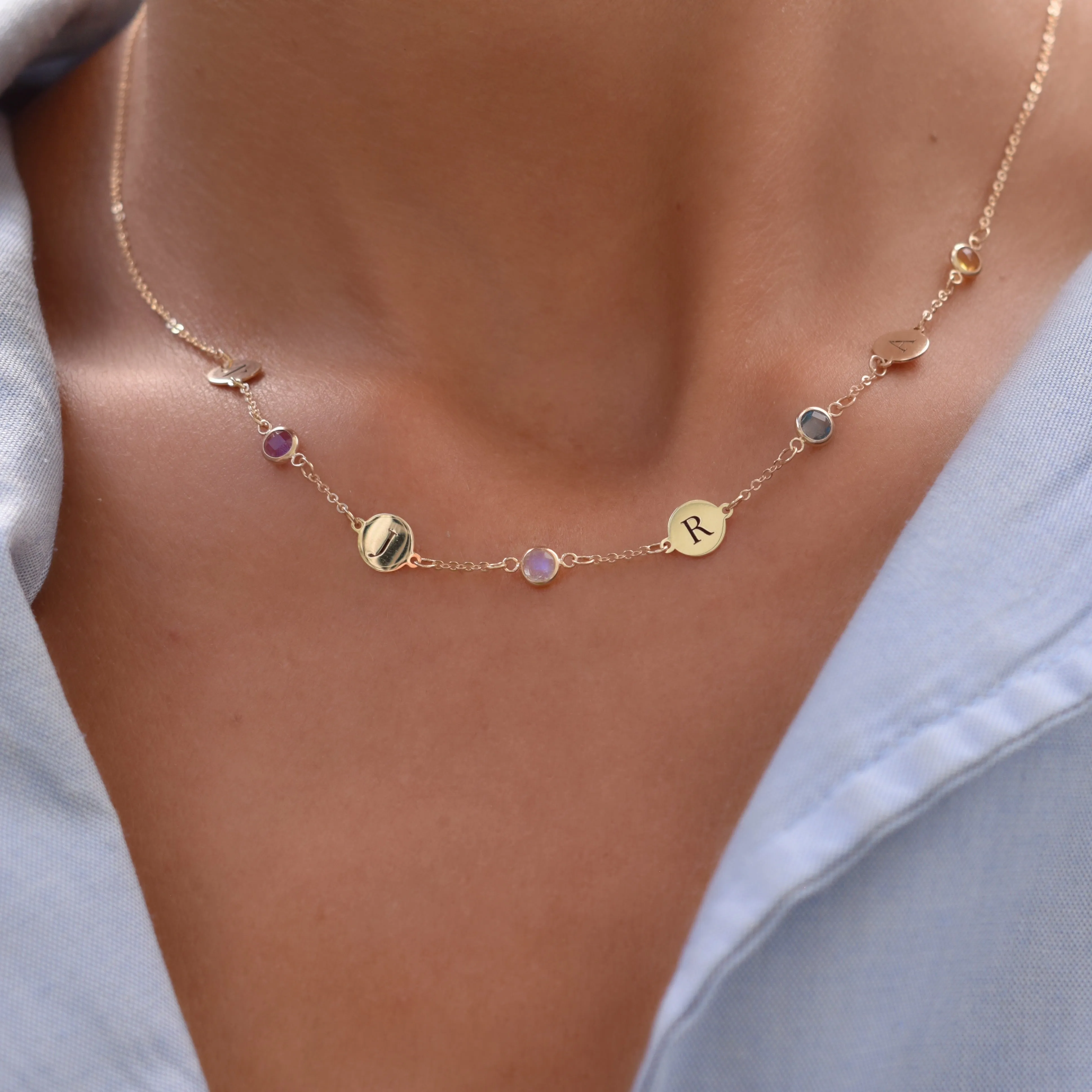 Personalized Classic 4 Letter & 4 Birthstone Necklace in 14k Gold (Single Spacing) sold by Haverhill product image thumbnail 3