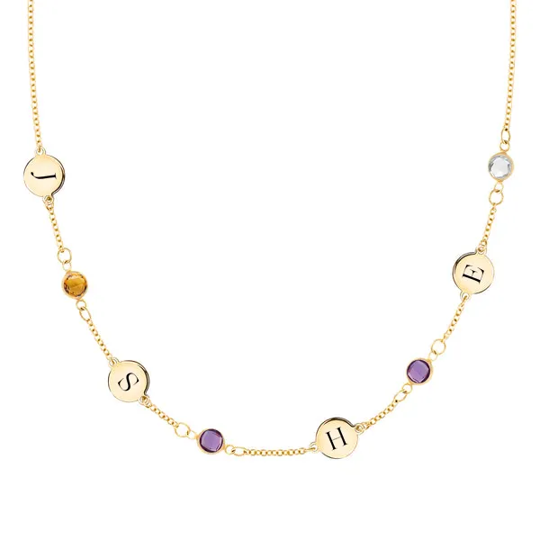 Personalized Classic 4 Letter & 4 Birthstone Necklace in 14k Gold (Single Spacing) sold by Haverhill