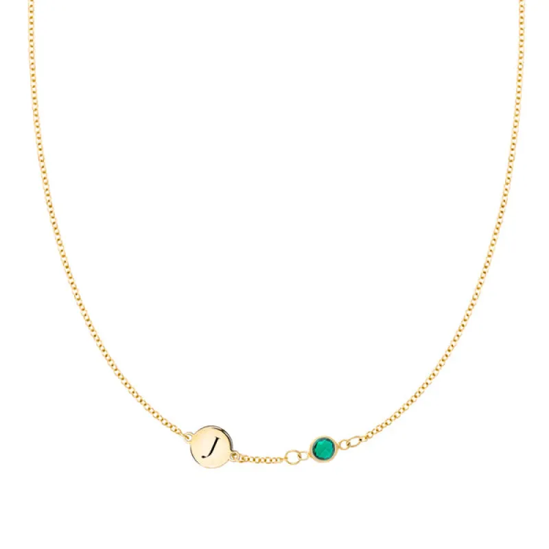Personalized Classic 1 Letter & 1 Birthstone Necklace in 14k Gold (Single Spacing) sold by Haverhill