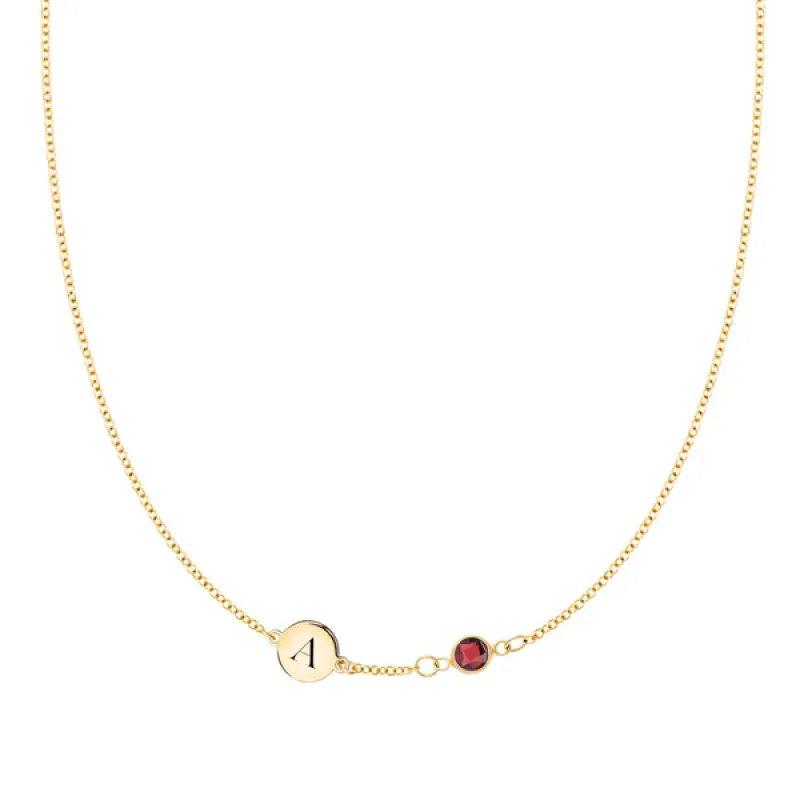 Personalized Classic 1 Letter & 1 Birthstone Necklace in 14k Gold (Single Spacing) sold by Haverhill