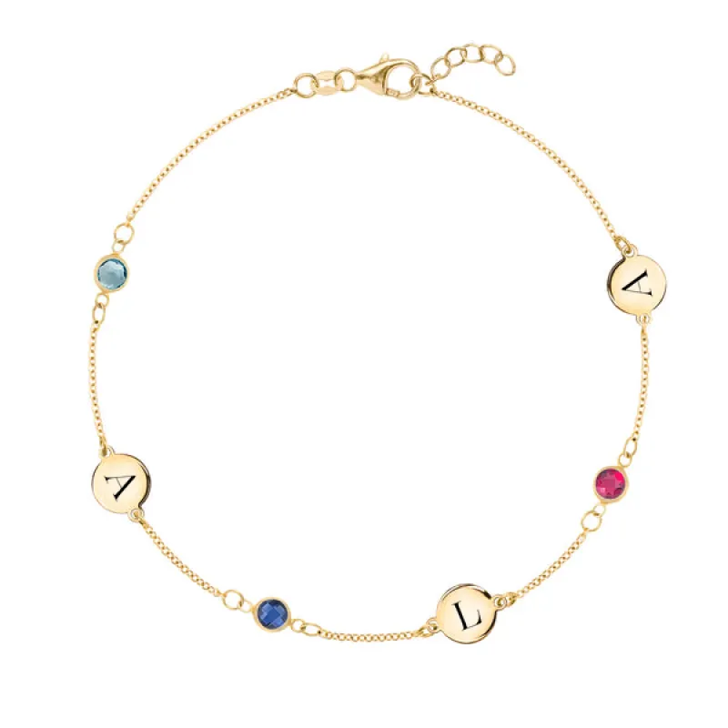 Personalized Classic 3 Letter & 3 Birthstone Bracelet in 14k Gold sold by Haverhill