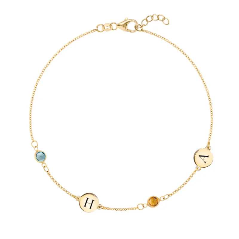 Personalized Classic 2 Letter & 2 Birthstone Bracelet in 14k Gold sold by Haverhill