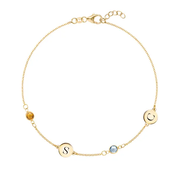 Personalized Classic 2 Letter & 2 Birthstone Bracelet in 14k Gold sold by Haverhill