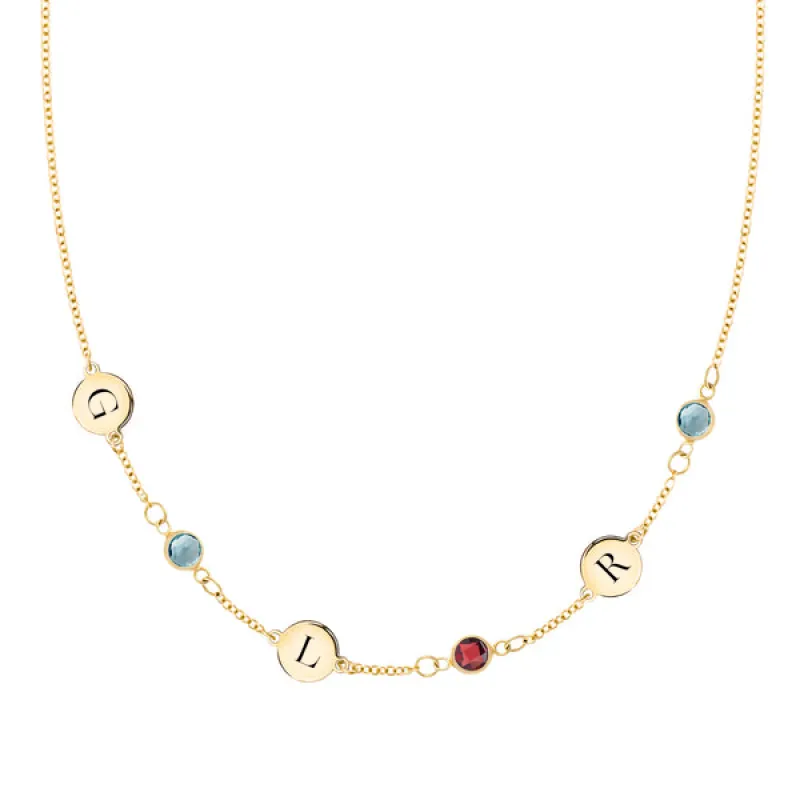 Personalized Classic 3 Letter & 3 Birthstone Necklace in 14k Gold (Single Spacing) sold by Haverhill