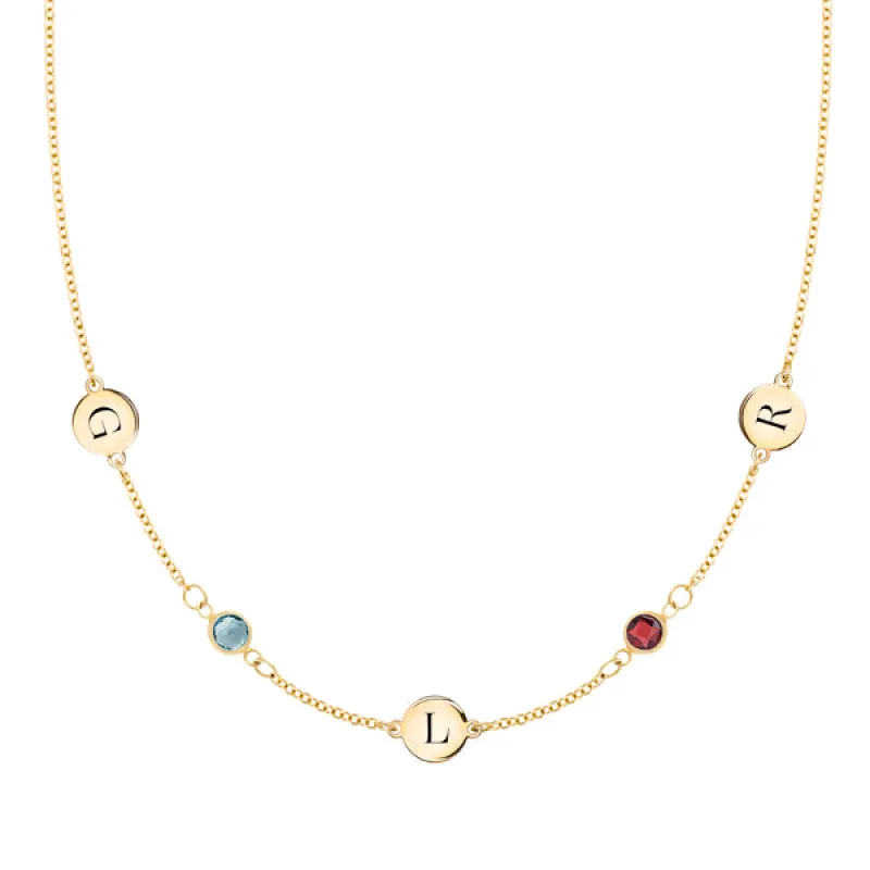 Personalized Classic 3 Letter & 2 Birthstone Necklace in 14k Gold (Double Spacing) sold by Haverhill
