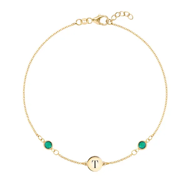 Personalized Classic 1 Letter & 2 Birthstone Bracelet in 14k Gold sold by Haverhill