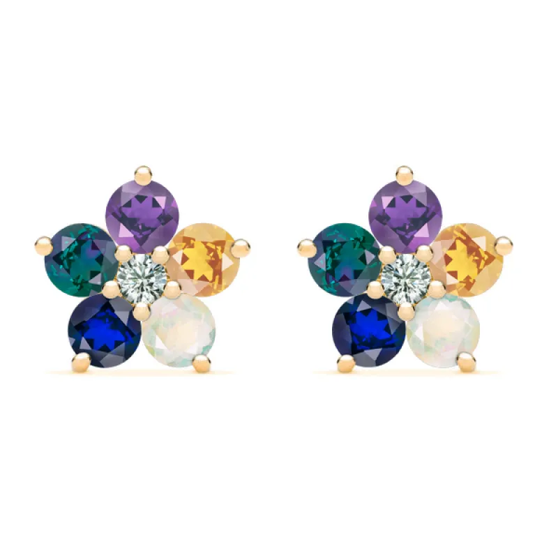 Personalized Greenwich Flower Birthstone & Diamond Earrings in 14k Gold sold by Haverhill