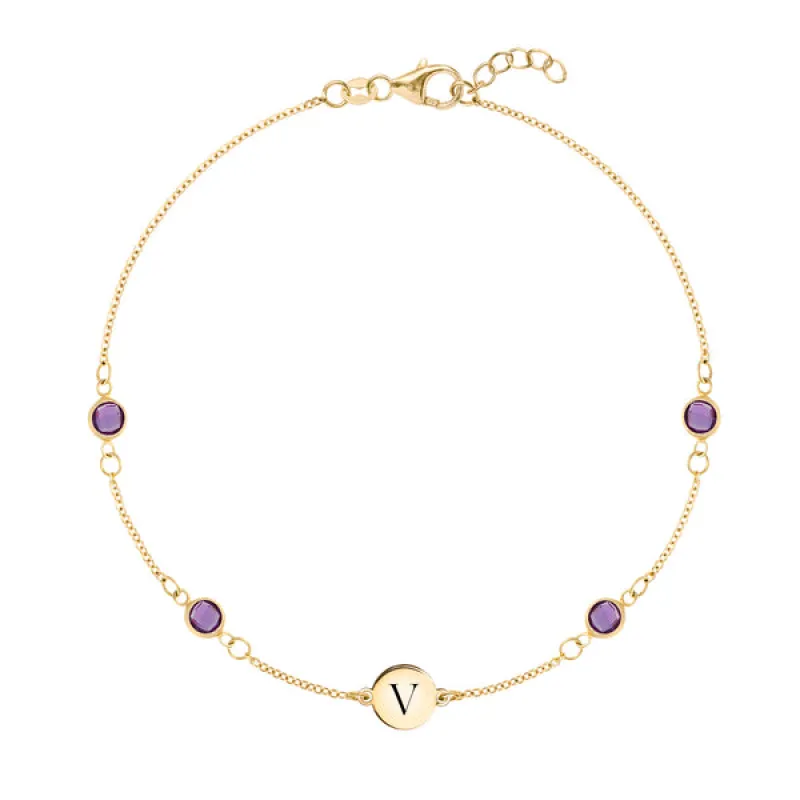 Personalized Classic 1 Letter & 4 Amethyst Bracelet in 14k Gold (February) sold by Haverhill