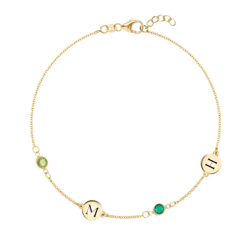 Personalized Classic 2 Letter & 2 Birthstone Bracelet in 14k Gold sold by Haverhill