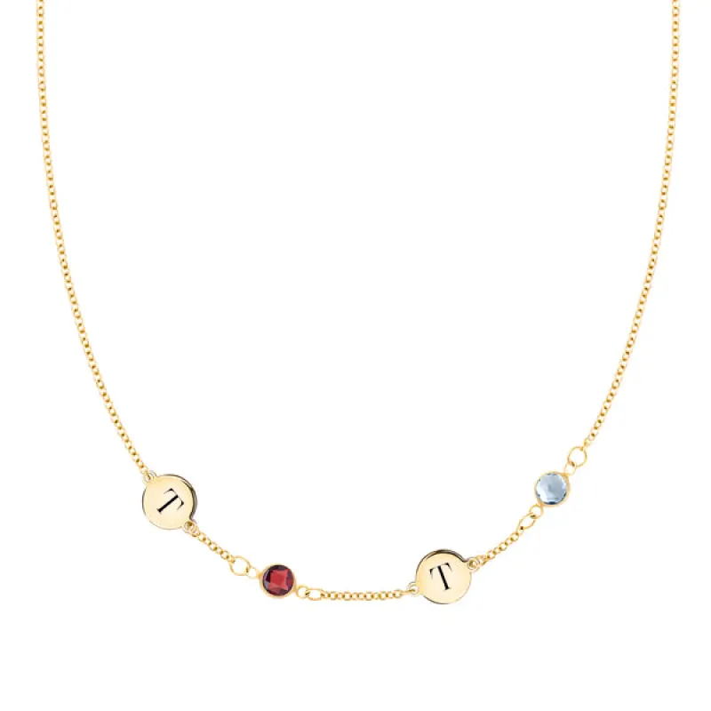 Personalized Classic 2 Letter & 2 Birthstone Necklace in 14k Gold (Single Spacing) sold by Haverhill