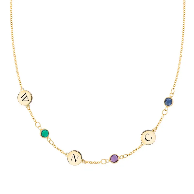 Personalized Classic 3 Letter & 3 Birthstone Necklace in 14k Gold (Single Spacing) sold by Haverhill