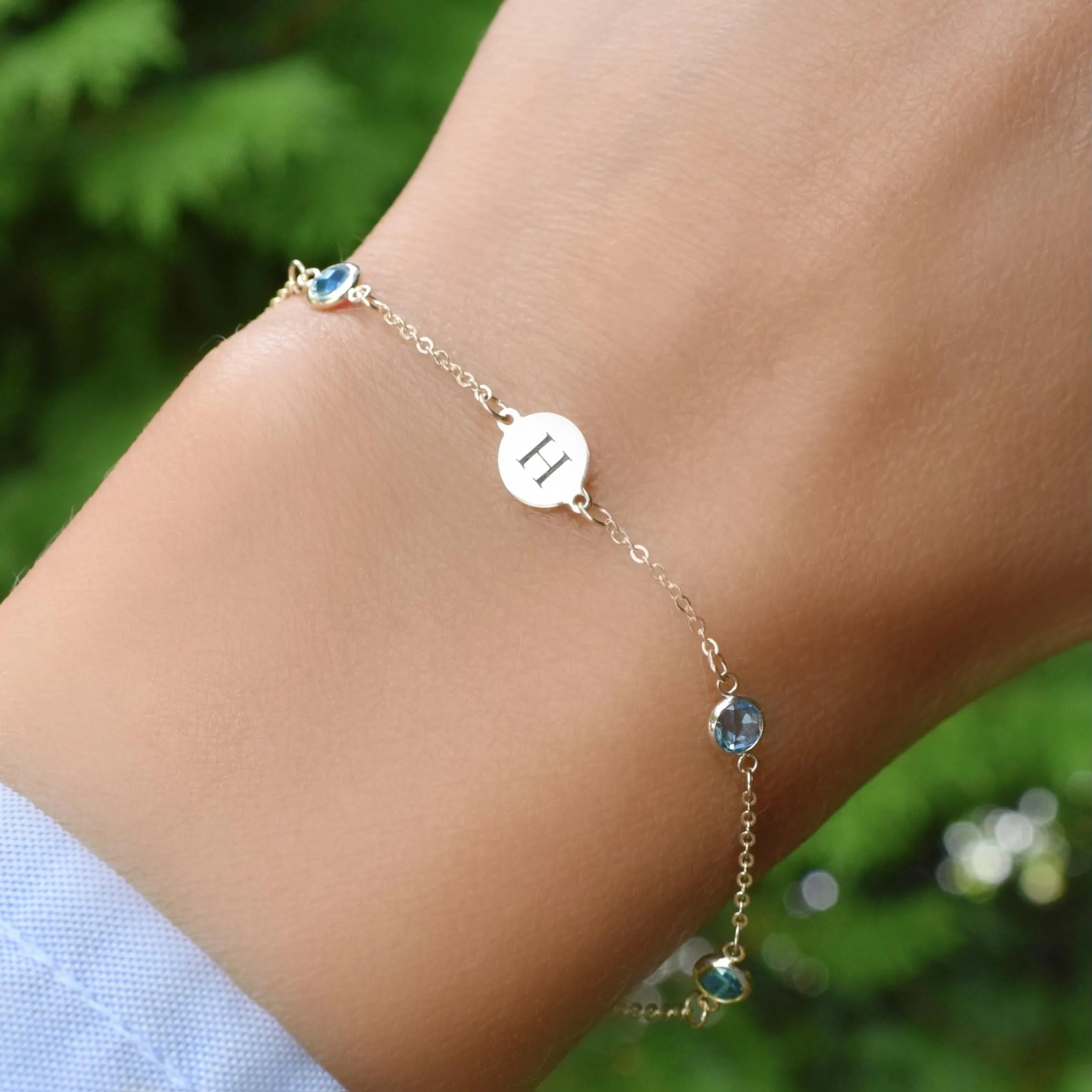 Personalized Classic 1 Letter & 4 Nantucket Blue Topaz Bracelet in 14k Gold (December) sold by Haverhill product image thumbnail 3