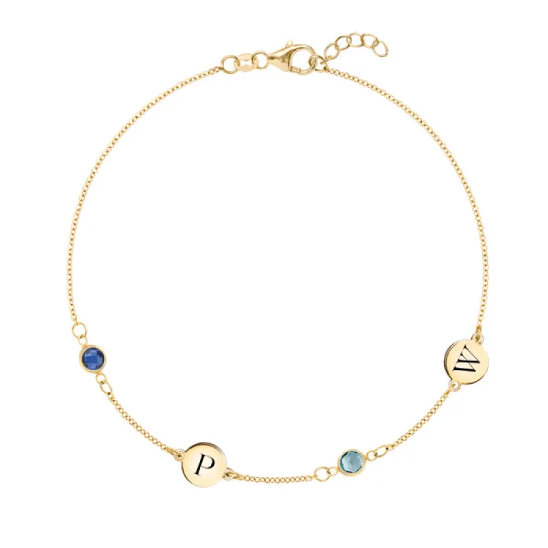 Personalized Classic 2 Letter & 2 Birthstone Bracelet in 14k Gold sold by Haverhill