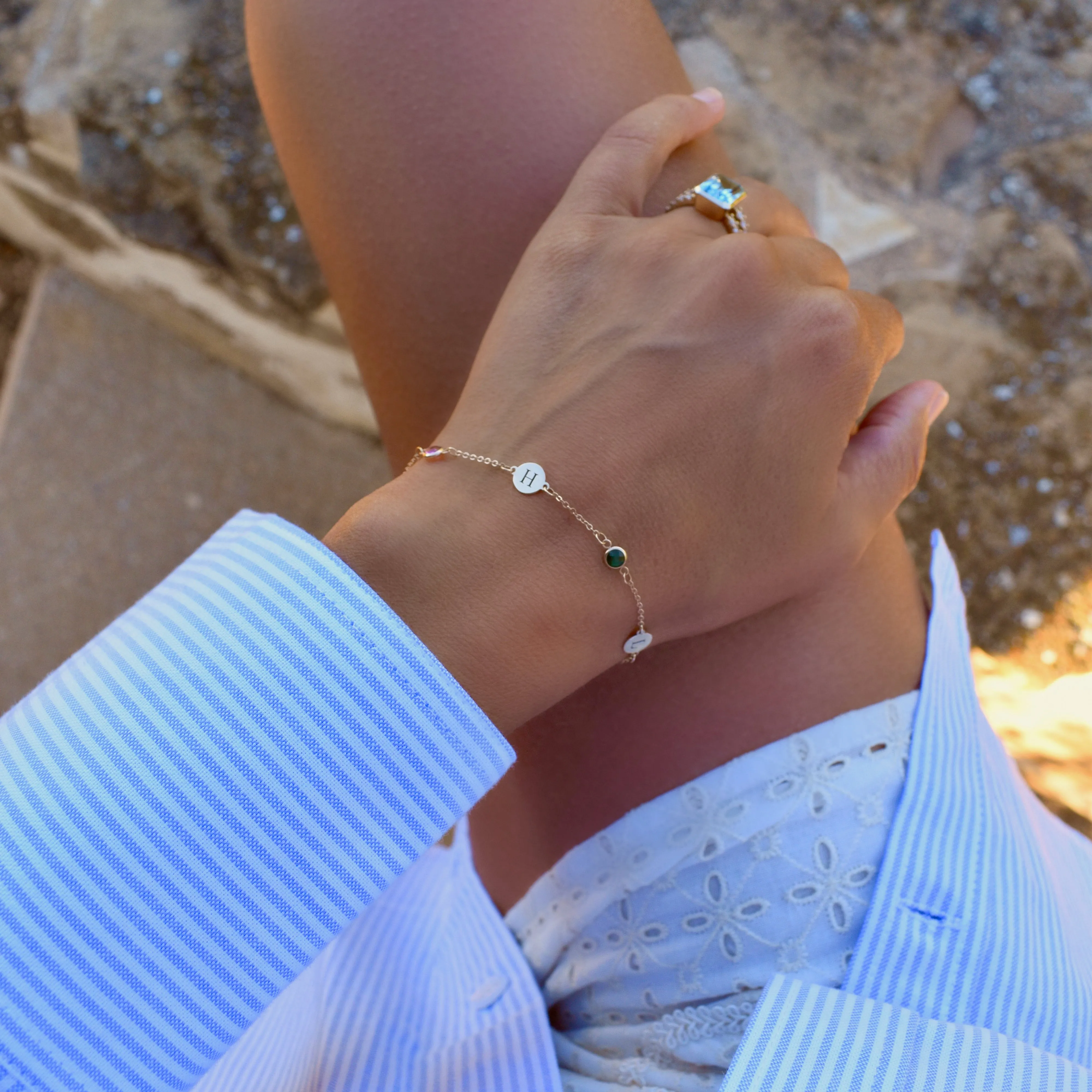 Personalized Classic 2 Letter & 2 Birthstone Bracelet in 14k Gold sold by Haverhill product image thumbnail 2