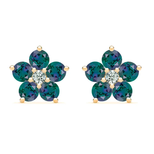 Personalized Greenwich Flower Birthstone & Diamond Earrings in 14k Gold sold by Haverhill