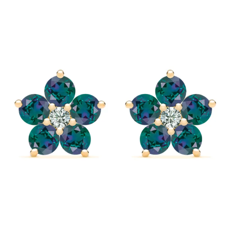 Personalized Greenwich Flower Birthstone & Diamond Earrings in 14k Gold sold by Haverhill