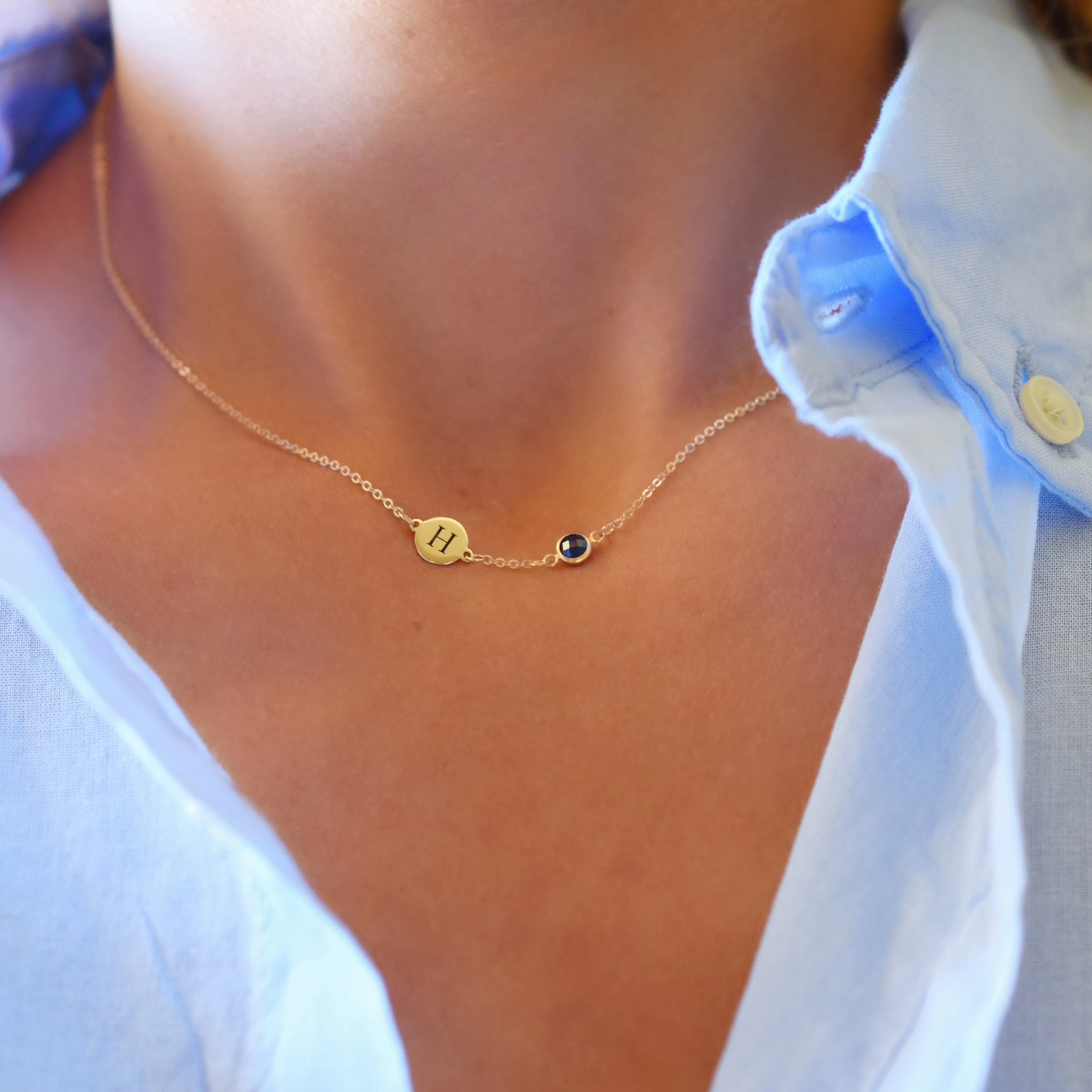 Personalized Classic 1 Letter & 1 Birthstone Necklace in 14k Gold (Single Spacing) sold by Haverhill product image thumbnail 3