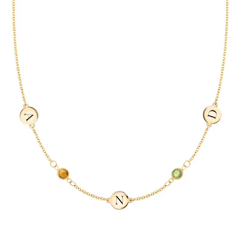 Personalized Classic 3 Letter & 2 Birthstone Necklace in 14k Gold (Double Spacing) sold by Haverhill