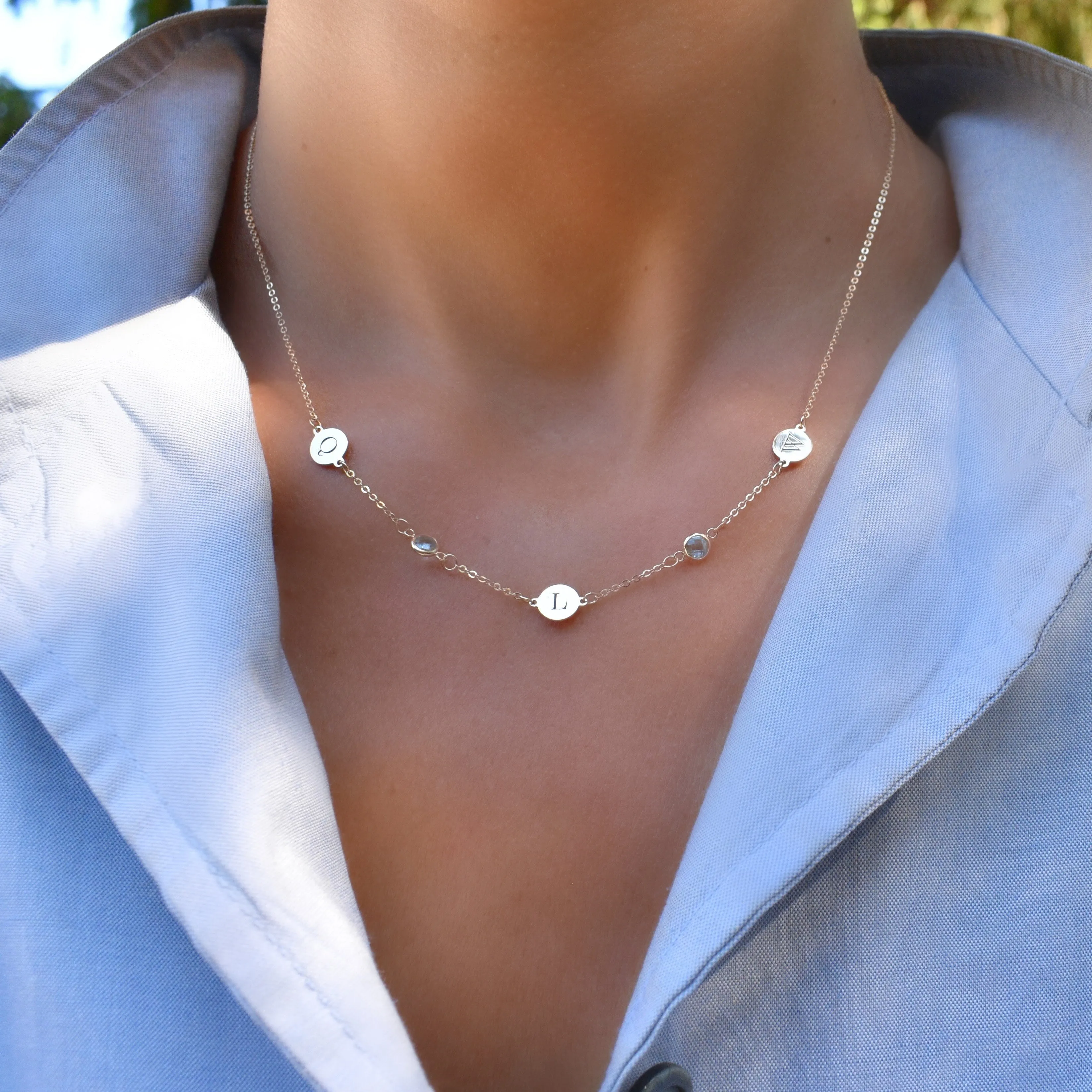 Personalized Classic 3 Letter & 2 Birthstone Necklace in 14k Gold (Double Spacing) sold by Haverhill product image thumbnail 3