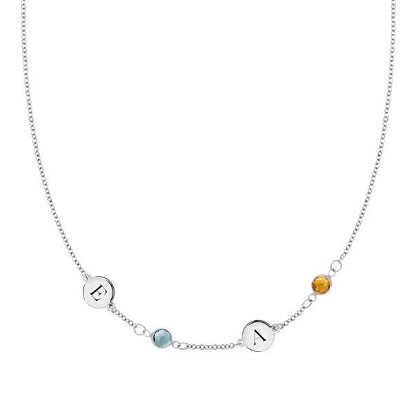 Personalized Classic 2 Letter & 2 Birthstone Necklace in 14k Gold (Single Spacing) sold by Haverhill