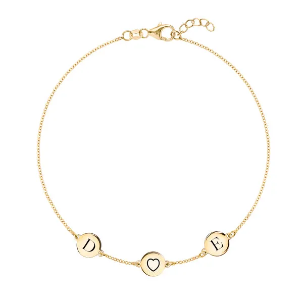 Personalized Heart Disc & 2 Letter Bracelet in 14k Gold sold by Haverhill