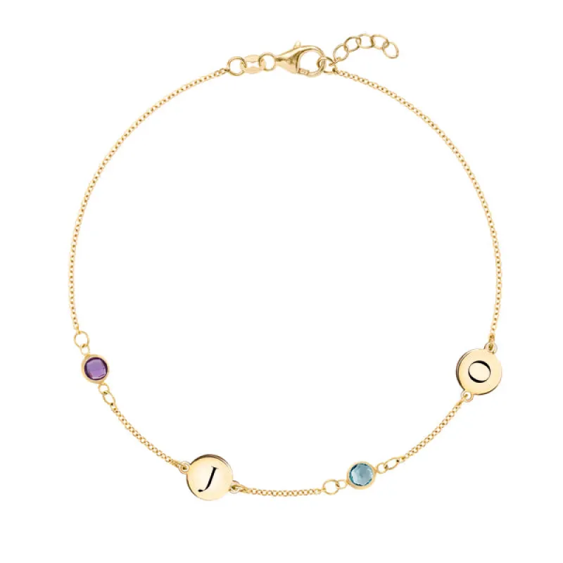Personalized Classic 2 Letter & 2 Birthstone Bracelet in 14k Gold sold by Haverhill