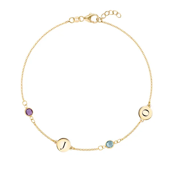 Personalized Classic 2 Letter & 2 Birthstone Bracelet in 14k Gold sold by Haverhill