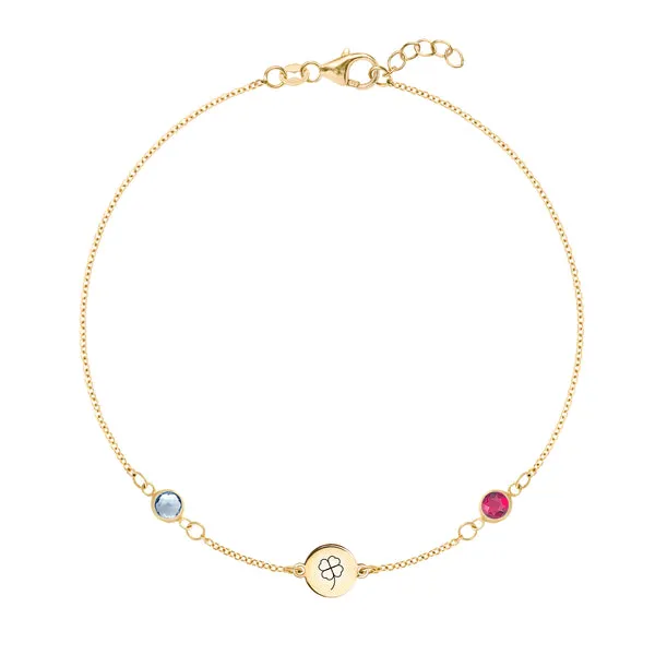 Personalized Clover Disc & Classic 2 Birthstone Bracelet in 14k Gold sold by Haverhill