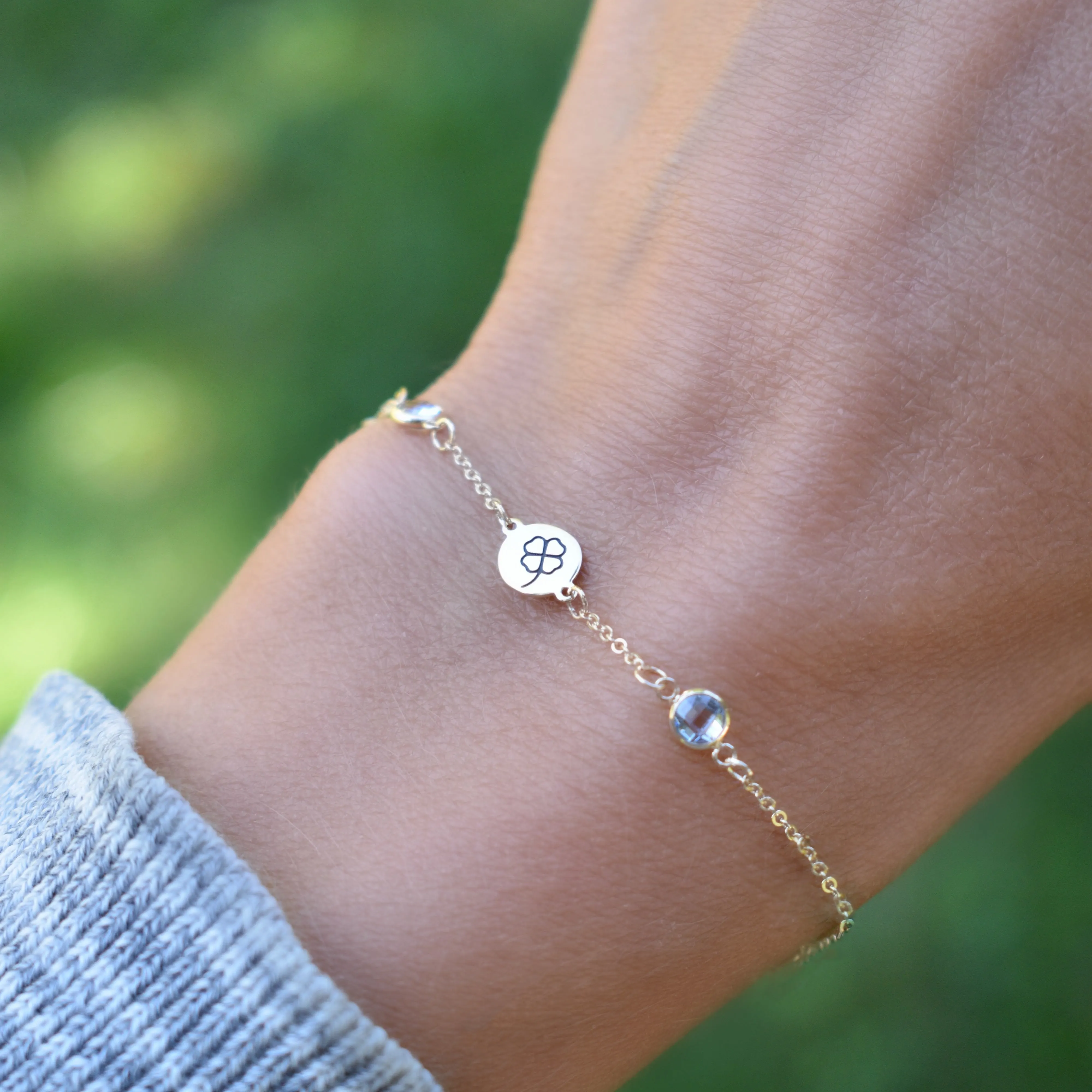 Personalized Clover Disc & Classic 2 Birthstone Bracelet in 14k Gold sold by Haverhill product image thumbnail 3
