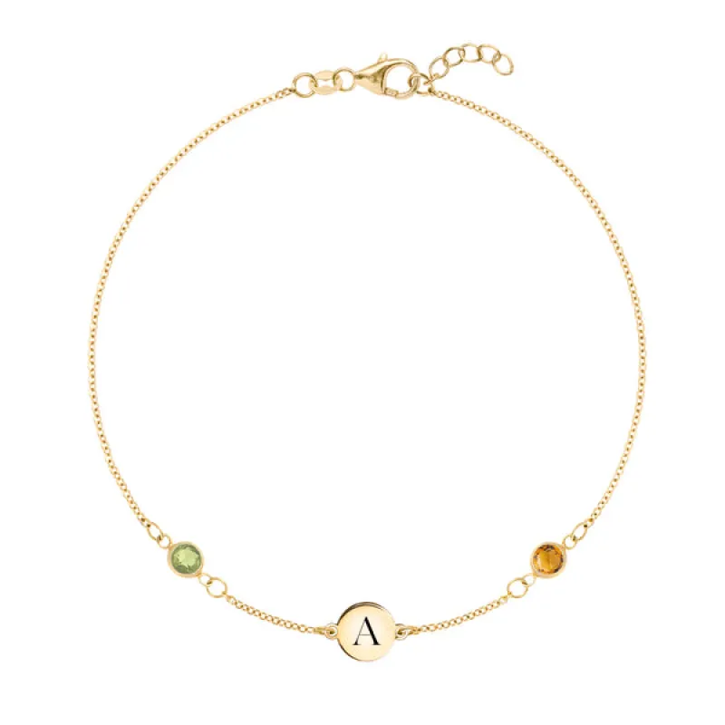 Personalized Classic 1 Letter & 2 Birthstone Bracelet in 14k Gold sold by Haverhill