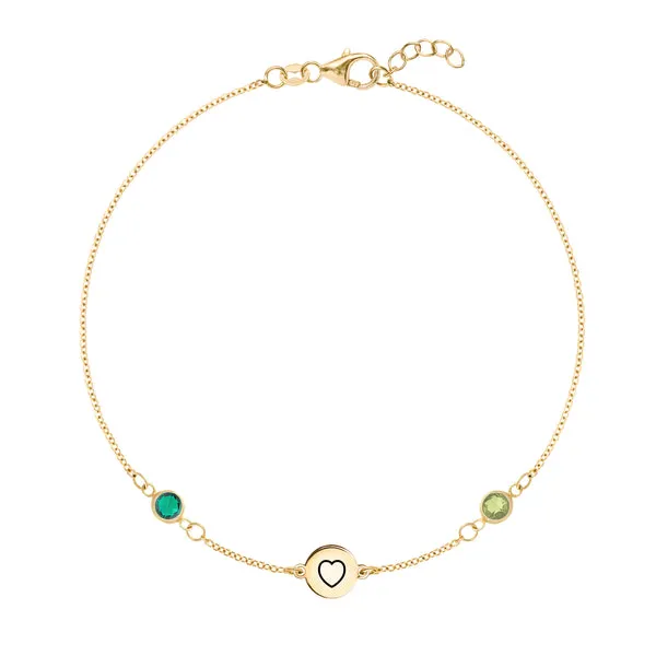 Personalized Heart Disc & Classic 2 Birthstone Bracelet in 14k Gold sold by Haverhill