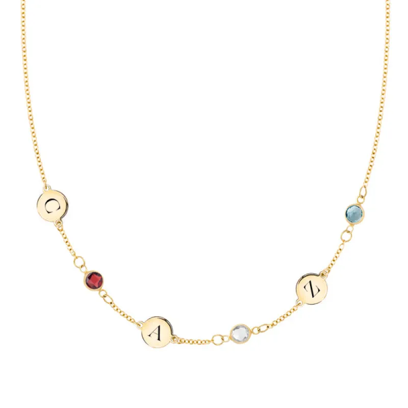 Personalized Classic 3 Letter & 3 Birthstone Necklace in 14k Gold (Single Spacing) sold by Haverhill