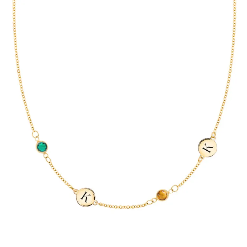 Personalized Classic 2 Letter & 2 Birthstone Necklace in 14k Gold (Double Spacing) sold by Haverhill